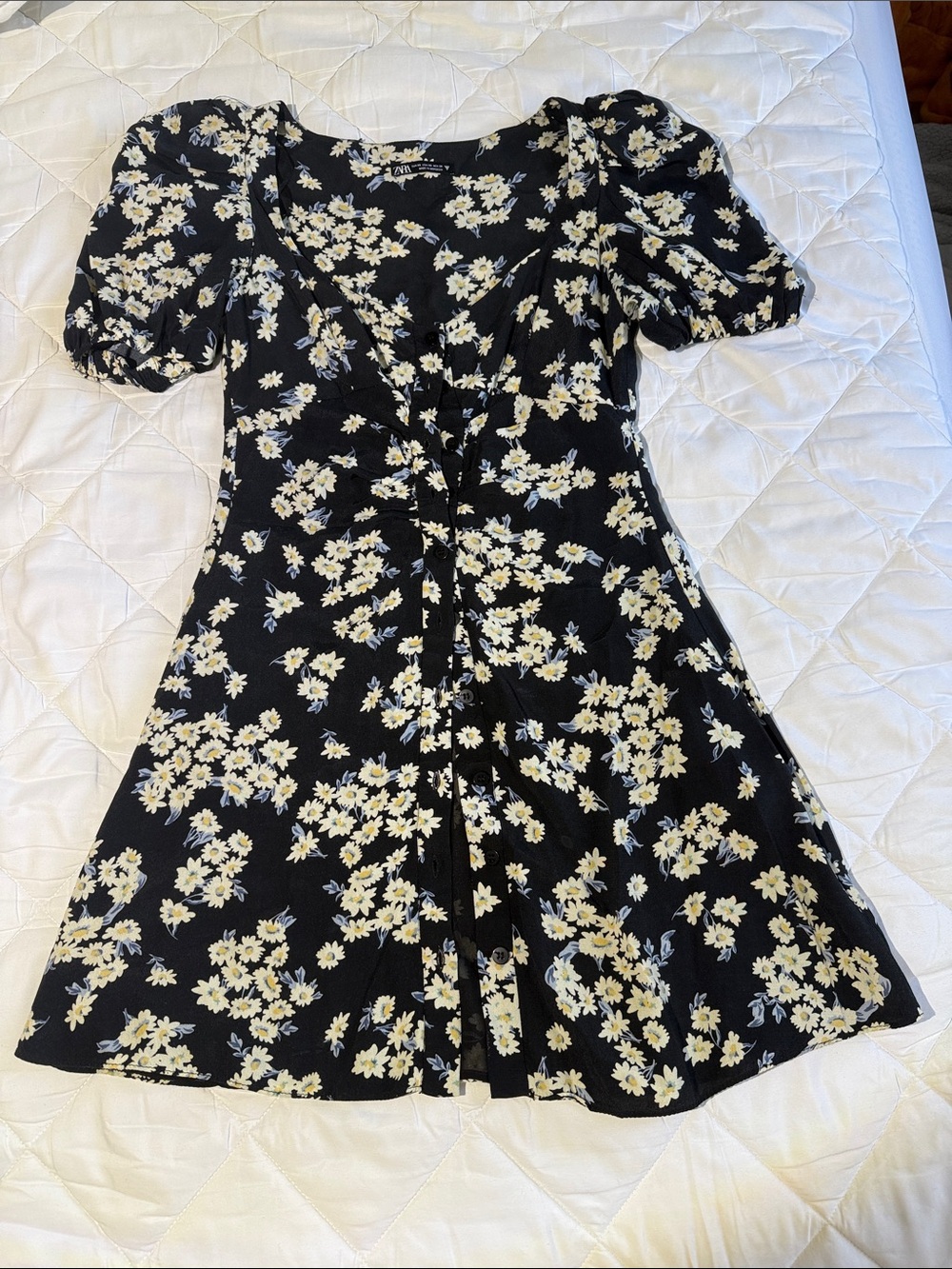 Zara Black Mini Dress with Yellow Floral Print